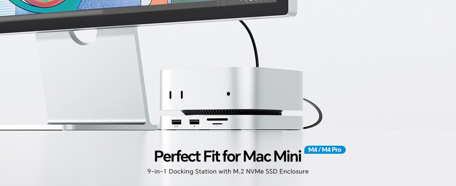PULWTOP Mac Mini M4 and M4 Pro hub stand dock with 9-in-1 ports and M.2 NVMe SSD enclosure